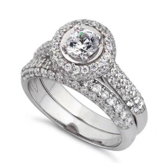 Sterling Silver Halo Round CZ Engagement Set Ring - Picture 1 of 8
